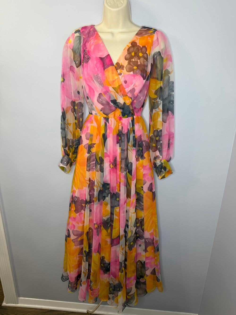 VGT 1970s Floral Chiffon Maxi Dress Jack Bryan Boho Garden Party Gown Women's 8